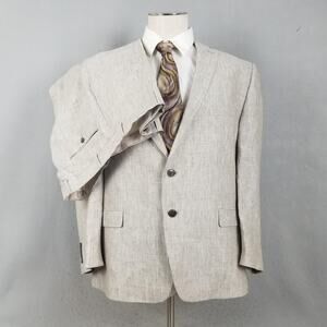 Calvin Klein Suit Mens 44 Short Beige Linen 2 Piece Striped Jacket Pants 39x30